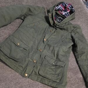 Army Green Chocolate USA Quilted Lined Jacket With Plaid Lined Hood